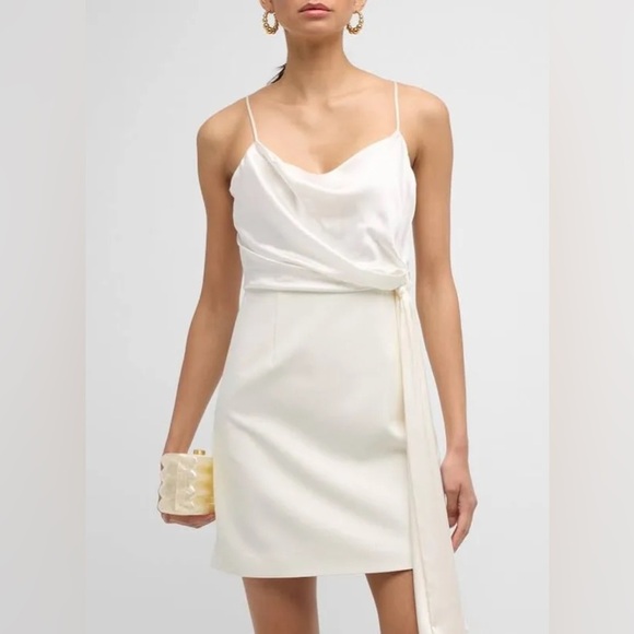 🌻 CINQ À SEPT Cara Ivory Short Draped-tie Satin Silk Combo Mini Dress Size 10 - Picture 4 of 13